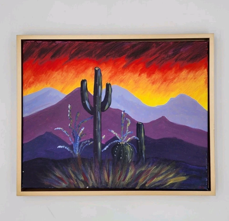 Original Southwest Desert Landscape Painting Saguaro Cactus Art Sunset Framed - Image 4 of 4