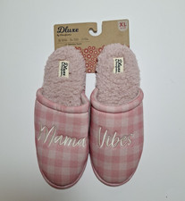 Mama Vibes Pink Plaid Memory Foam Dluxe by Dearfoams Slippers Size XL 11-12