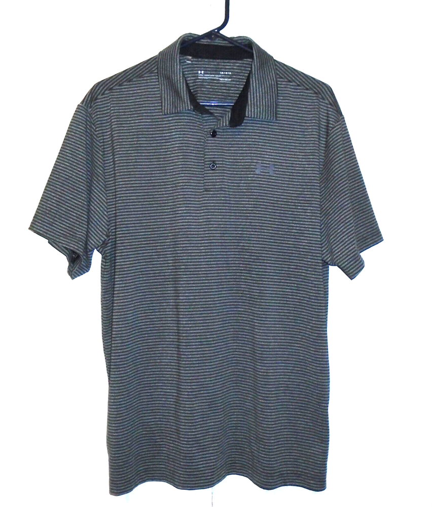 Under Armour Heat Gear S/S Polo Golf Shirt Large Men's L Black/Gray Striped EUC