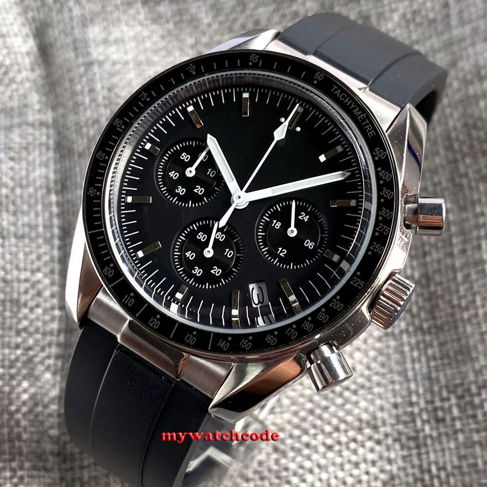 40mm Bliger black sterile dial steel case Full Chronograph Quartz Mens Watch - Image 3 of 4