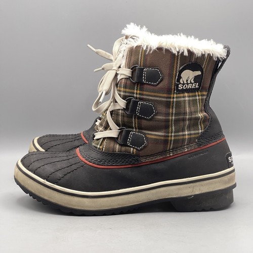 Sorel Women's 7 Snow Boots Duck Brown Plaid Tartan Waterproof Tivoli Winter
