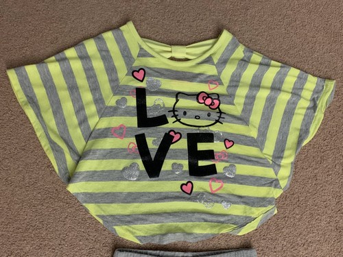 Hello Kitty Neon Green Striped Dolman Tee & Leggings Set Butterfly Sleeves Bow 6 - Picture 5 of 12