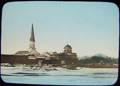 Glas magische Laterne Dia UNBEKANNTE KIRCHE AM FLUSS UM 1890 FOTO RUSSLAND