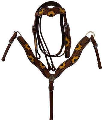 Equitem Medium Tooled Leather Wave Brow Headstall with Painted Sunflowers