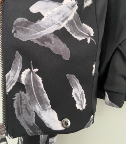 Express Feather Print Moto Jacket Size M Black Gray White Art To Wear Scuba Knit - Picture 10 of 12