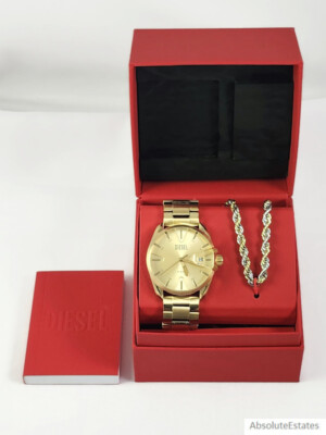 NEW Diesel Men's MS9 Gold Watch & Two Tone Rope Chain Necklace Set