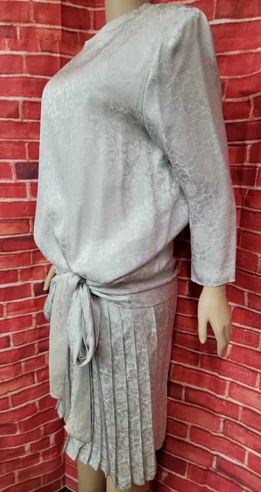 Vestido para mujer Argenti vintage años 80 gris seda plisado talla 12 #C Foto 2 de 4
