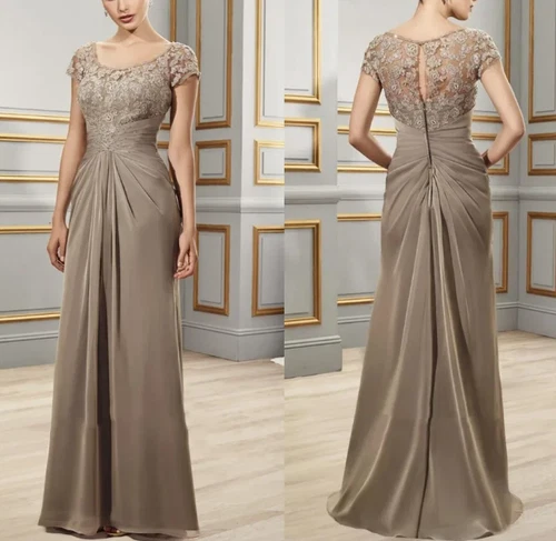 Juwel Hals plissiert Chiffon Mutter der Braut Kleider mit Applikationen Spitze - Bild 2 von 10