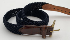 MARTIN DINGMAN Woven Belt 42 Navy Blue Braided w/ Brown Leather Ends