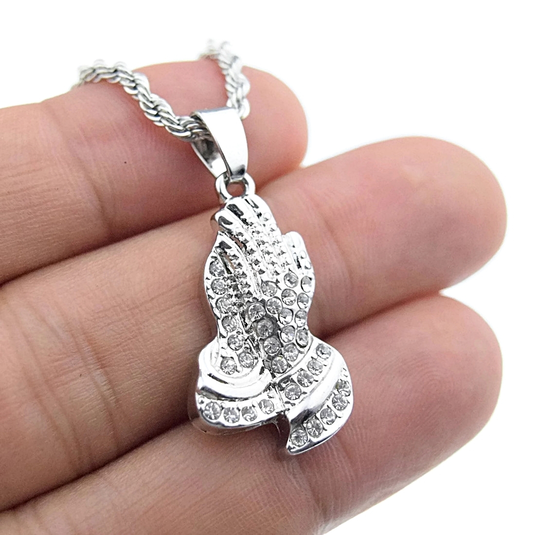 Glitter  Hands Pendant 【SILVER】 ネックレス Praying Hands Micro Pray Pendant Iced Simulated CZ Silver