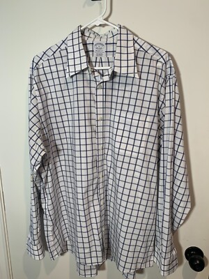 XL Brooks Brothers Regent Supima Cotton Plaid Button Up  White Blue mens preppy