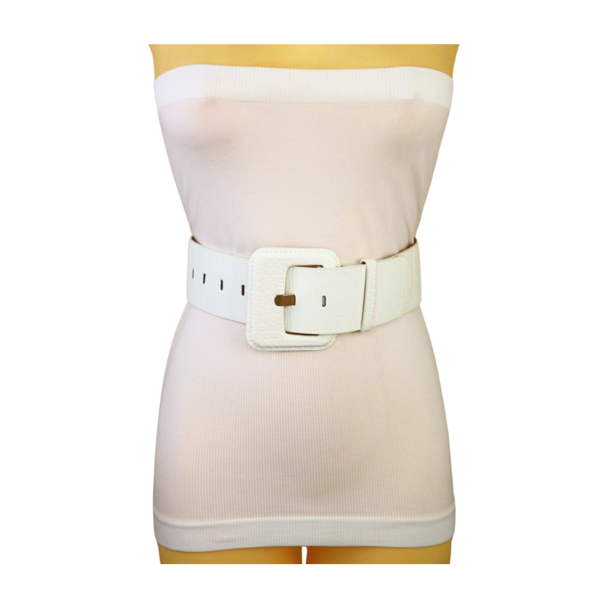 Women White Wide Faux Leather Safari Vacation Fashion Belt Square