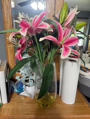 Pink Tiger LILLIES CLEAR VASE FAUX ARTIFICIAL LILY And Acrylic Water Real Touch