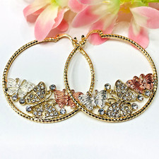 14k Gold Plated Dangle Drop Butterflies Hoop Round Shape Earrings 2in Long 116