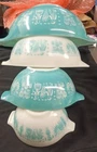 4 Pyrex Amish Butterprint Nesting Cinderella Mixing Bowl Set Turquoise & White