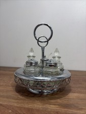 Vintage Cruet Condiment Metal  Glass Set Salt/Pepper, Oil, Sugar With Stand