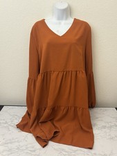 Orange Long Sleeve Peasant Midi Dress Size XL Flowy Boho Pullover V Neck I