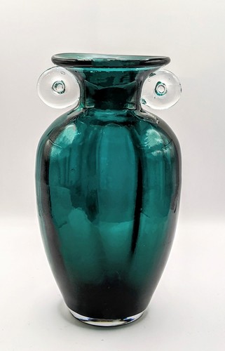 Pier 1 Vintage Hand Blown Italian Glass Vase Emerald Aqua Retro Art Deco - 7.5" - Picture 1 of 9