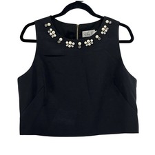 ELIZA J Women Black Crop Top Elegant Pearl Embellishments Sleeveless Size 10