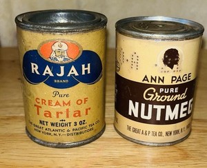 2- ATLANTIC & PACIFIC TEA CO. RAJA Cream  Of Tarter &  A & P Nutmeg Tins  USED