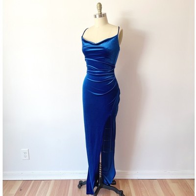 Windsor Maxi Dress Royal Blue Velvet Cowl Neck Ruched High Slit S Gown Prom