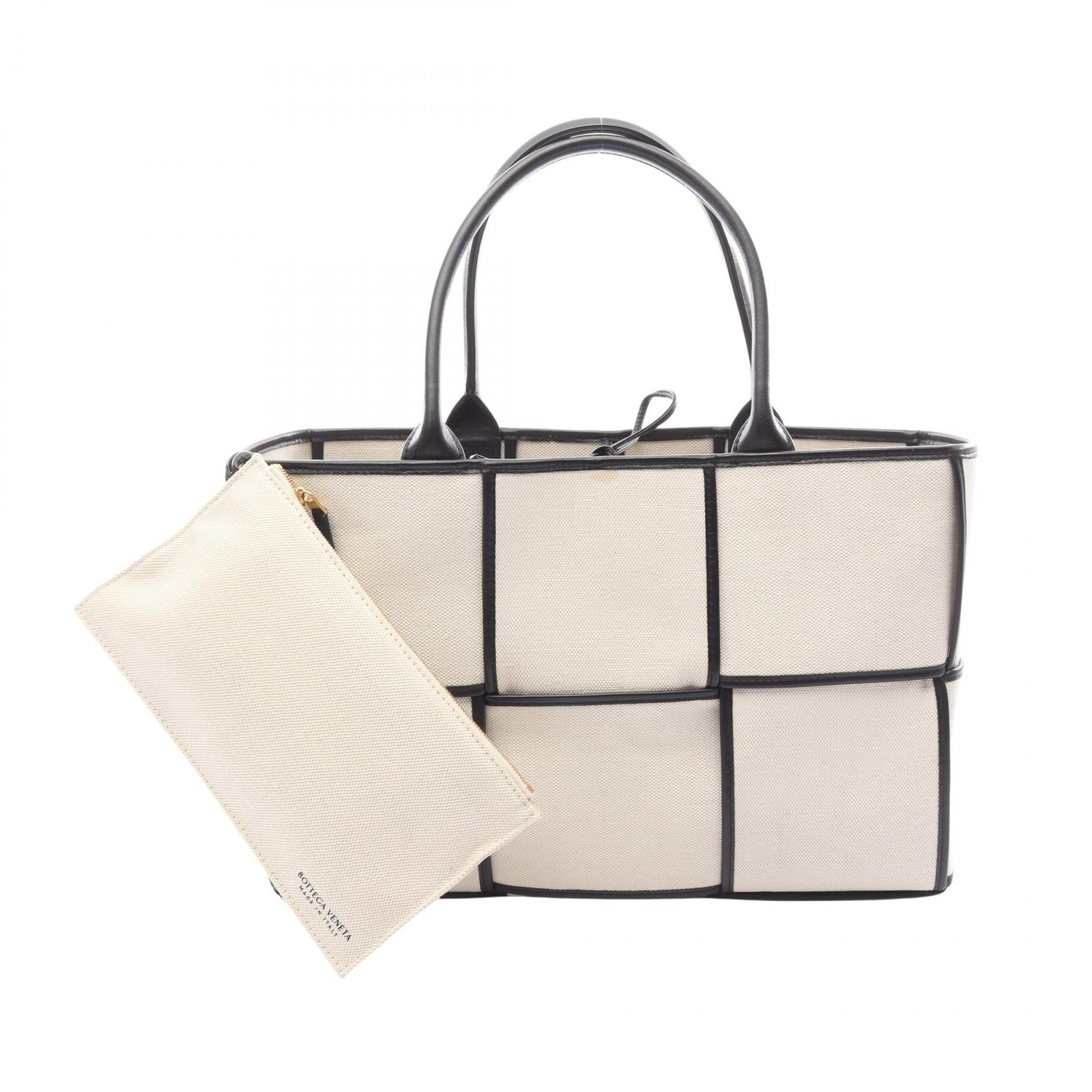 Bottega Veneta Arco Maxi Intrecciato Canvas Leather Tote Bag White
