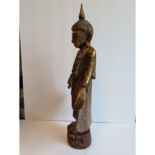 Rare 19th C Thai Mandalay Standing Buddha 18" Gold Gilt Carved Wood Antique - Picture 6 of 12