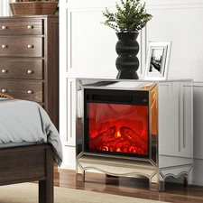 Modern Silver Mirrored Side End Table Nightstand with Electric Fireplace Heater