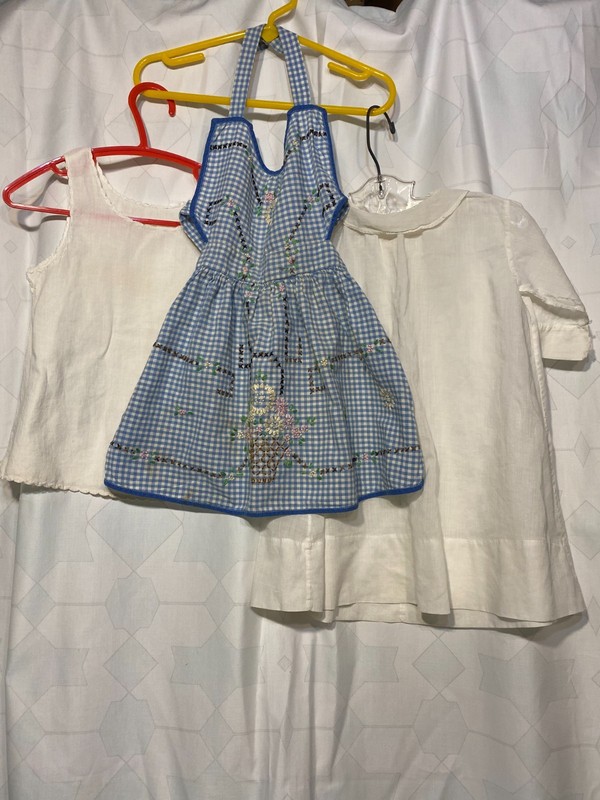 Small lot of vintage children's clothes, tank, apron and christening  ~12 months