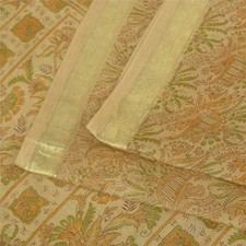 Sanskriti Vintage Sarees Cream Zari Borderpure Silk Print Sari 5 Yd Craft Fabric