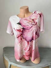 Christopher Banks XL Ribbed Top T Shirt Slub Coastal Watercolor Floral Art Pink
