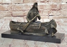 Bronzo Su Marmo Base Nativi Americani Shaman Aquila Copricapo Vogare Cano Regalo