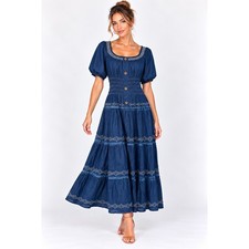NWT Indigo & Lace Embroidered Smocked Waist Short Sleeve Milkmaid Maxi Dress
