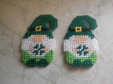 HANDMADE PLASTIC CANVAS SAINT PATRICK"S DAY GNOME MAGNETS SET OF 2
