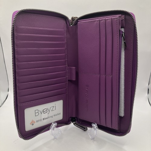 Women’s Bveyzi RFID Blocking Wallet Leather Zip Around Phone Clutch - Purple - Picture 5 of 12