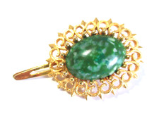Green and Gold Tone Metal Open Work Vintage Hair Barrette Clip