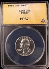1962 WASHINGTON PROOF SILVER QUARTER SUPERB GEM UNC ANACS PF67 US COIN (699)