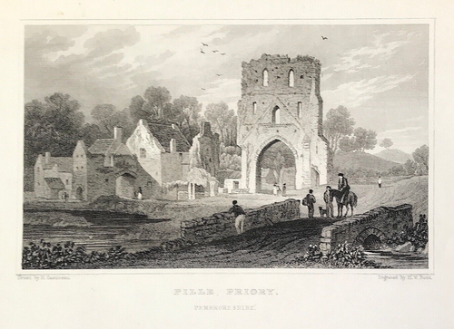 Pembrokeshire 1830 Pille Priory Gales impresión grabada - Imagen 2 de 2