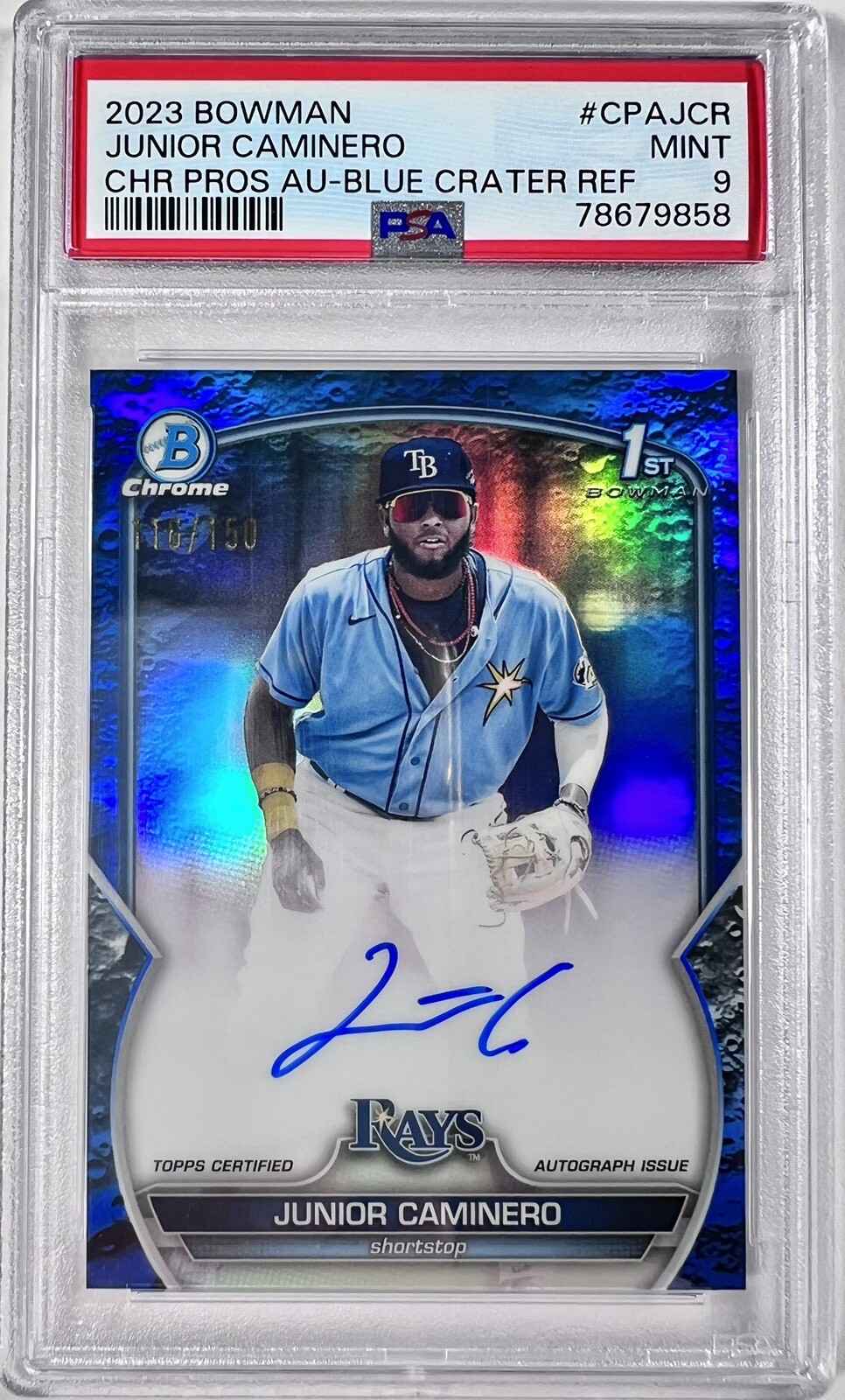 Junior Caminero 🔥2023 1st Bowman Chrome Blue Lunar AUTO /150 PSA 9 *SOLID AUTO
