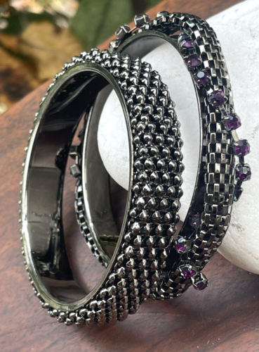 Two Black Metal & Mesh Bangle Bracelets Purple Crystal Accents On One - Picture 1 of 5