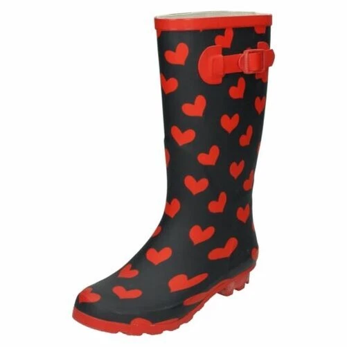 Femmes Spot On Coeur Imprimé à Enfiler Synthétique Bottes Caoutchouc X1R210 - Photo 1/1