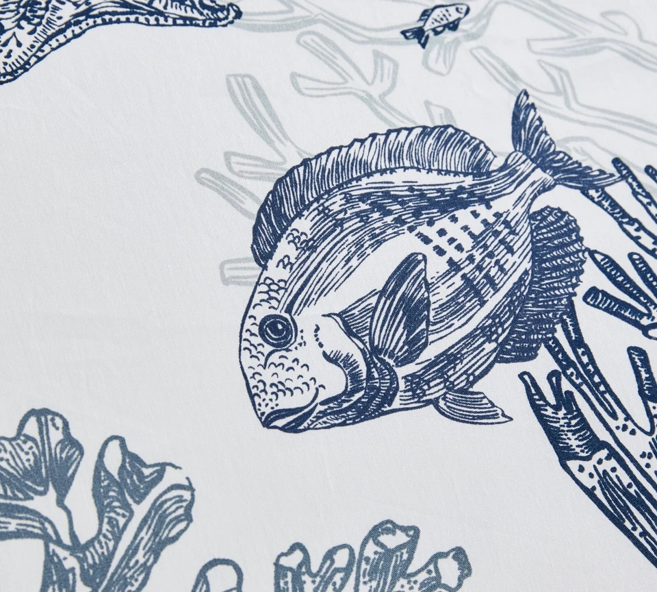 Pottery Barn Redondo Duvet Cover Blue Queen 2 Standard Shams Coastal Toile Fish - Image 3 of 3