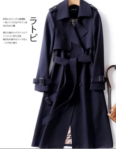 Women's Double Breasted Long Trench Coat Windproof Classic Lapel Belted Overcoat - Picture 4 of 25