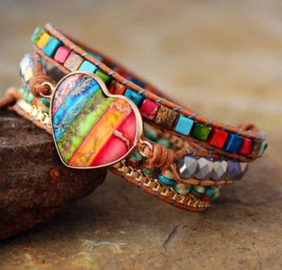 Vintage 7 Chakra Protection Healing Heart Stone Brown Leather Wrap Bracelet H11