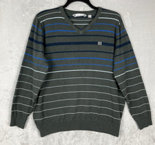 TRAVIS MATHEW Men's Sweater XL Gray Striped V- Neck Lightweight Pullover Casual