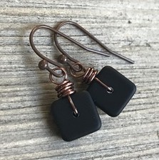 Min Favorit Opaque Black Sea Glass Square Ant Copper Artisan Earrings Petite