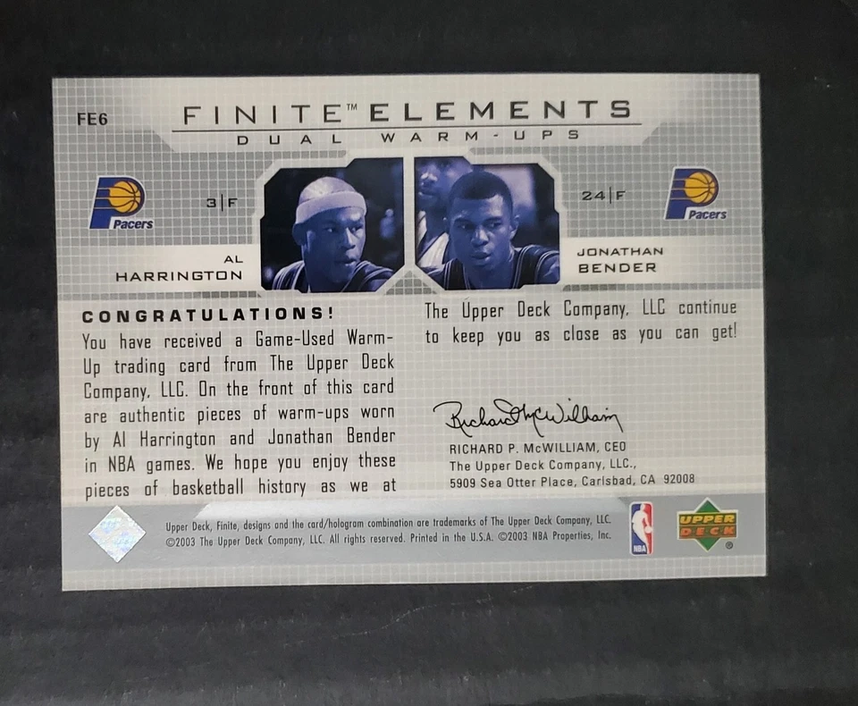 2003 Upper Deck Finite #FE6 Harrington #3 / Bender # 24 Warm up Jerseys Card - Image 2 of 2