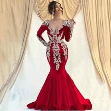 Elegant Red V Neck Mermaid Evening Dresses Long Sleeve Ball Gown Lace Applique
