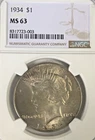 1934 PEACE DOLLAR "NGC MS63" - BEAUTIFUL HIGH POINTS, HAIR, CROWN AND FEATHERS✅
