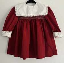 VTG Polly Flinders Red Smocked Long Sleeve Dress With White Collar